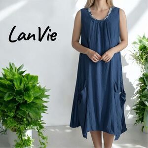 LanVie Linen Blend Denim Blue Ruched Pockets Asymmetrical Side Bubble Hem Dress